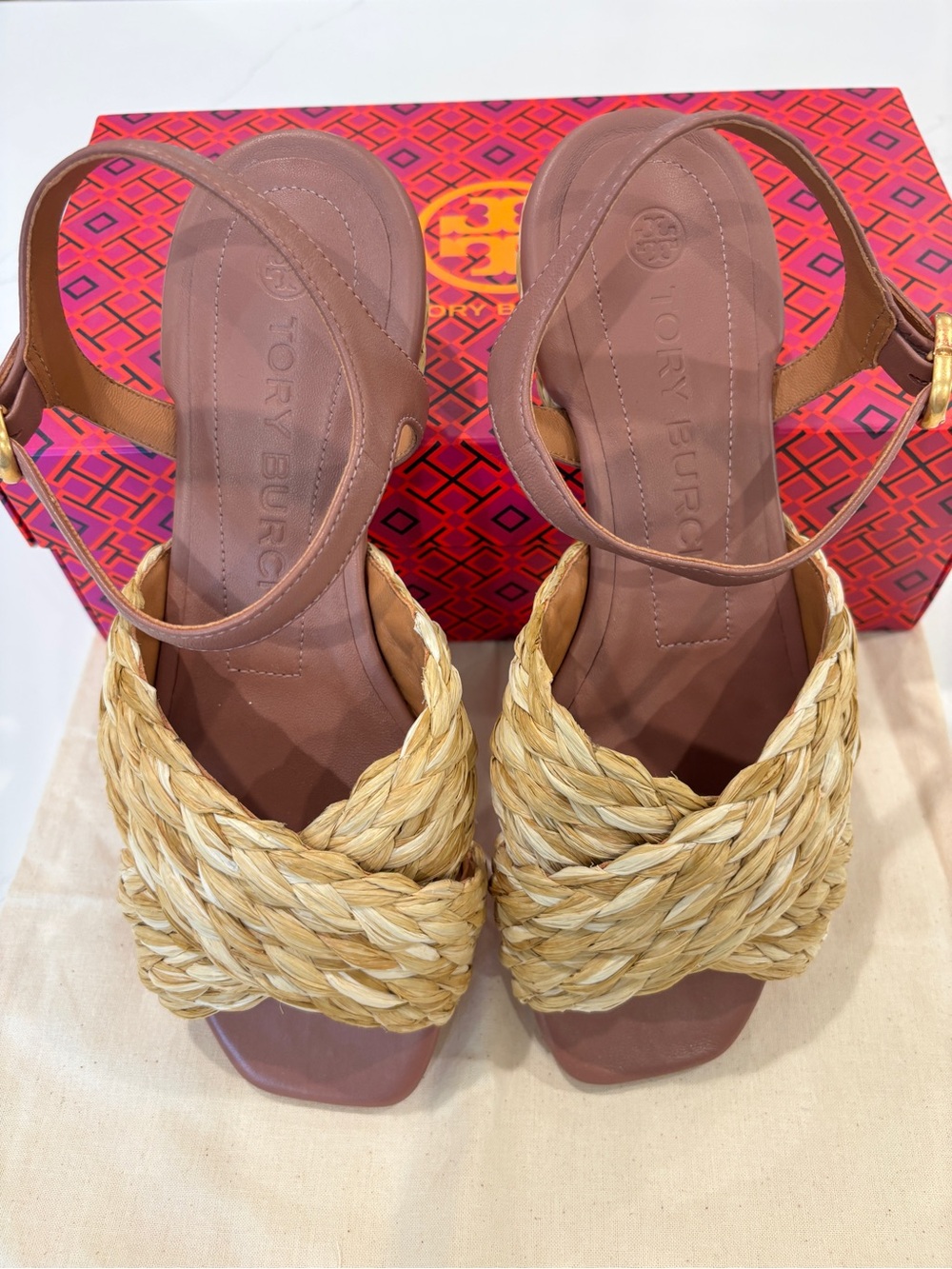 Tory Burch Kira Braided Raffia Slide Sandals with Mauve Leather Strap Size 8.5. - Picture 7 of 11